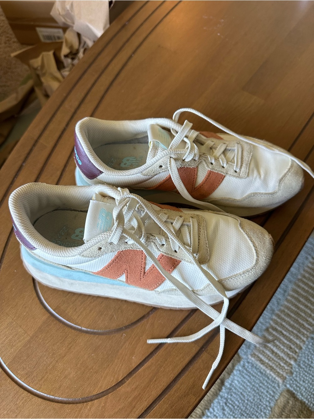 New Balance Cream Sneakers with Coral and Light Blue Accents